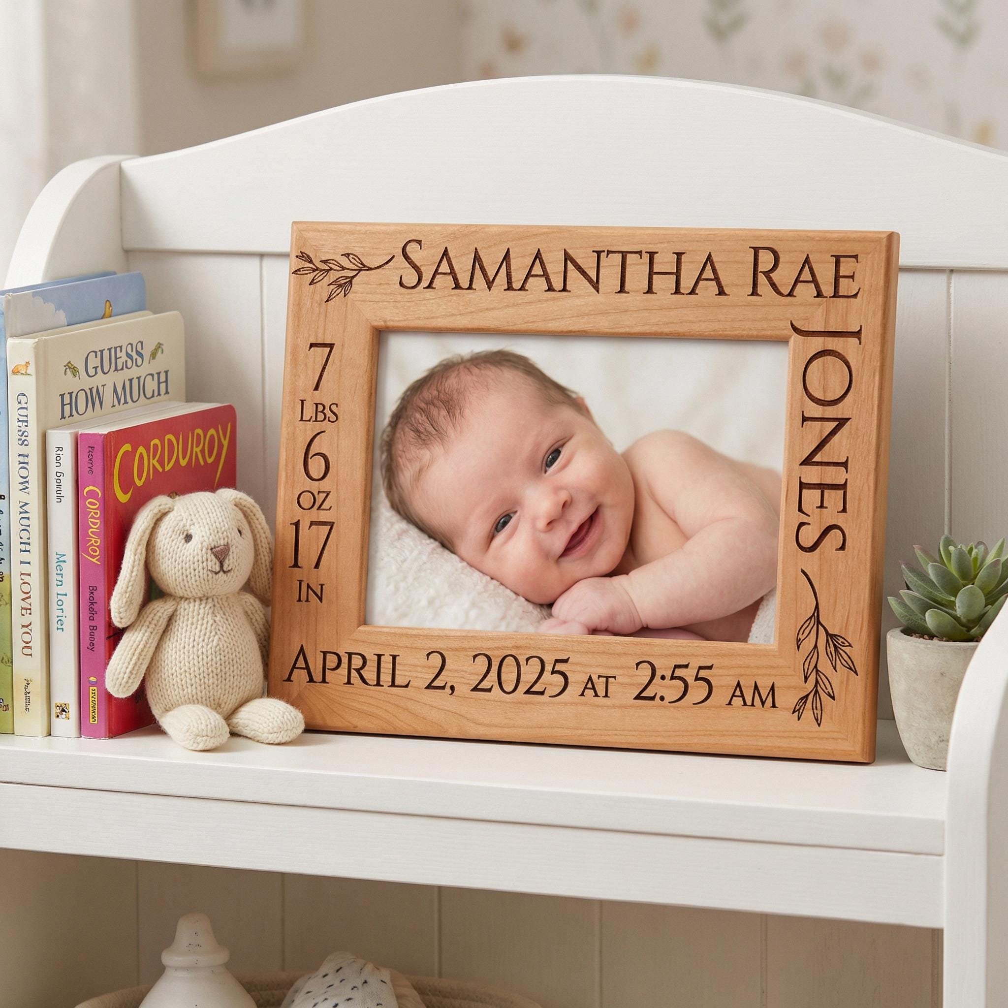 Personalized Baby Birth Stats Photo Frame, Laser Engraved Red Alder ...