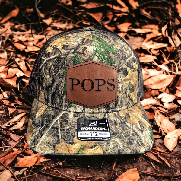 Custom Camo Printed Trucker Leather Patch Hat - Richardson 112 -  Laser Engraved For Logo - Hunting, Outdoorsman, Company Logo