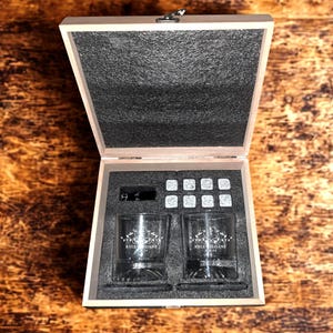 Engraved Whiskey Glass Gift Set with Coasters and Stones