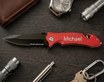 Personalized Tactical Rescue Knife - Engraved Pocket Knife With Seatbelt Cutter & Glass Breaker