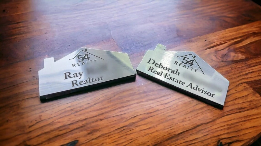 Realtor Name Badge, House Shape, Laser Engraved, Realty Name