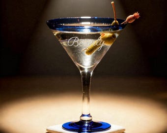 Personalized Blue Rim Martini Glass, 15 oz. Engraved Cocktail Glass