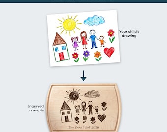 May include: A rectangular maple wood cutting board featuring an engraving of a child's drawing of a house, a sun, a cloud, a family of four, flowers, and a heart. The text "Love, Emma & Jack 2026" is engraved at the bottom of the board.