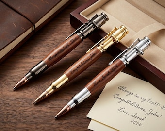Custom Handwriting Engraved Bullet Pen, Personalized Wooden Bolt Action Pen
