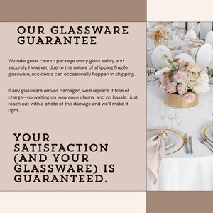 May include: The image features a table setting with white plates, gold rims, and pink napkins. A floral arrangement in a gold container is in the center. Text on the left reads "OUR GLASSWARE GUARANTEE" and "YOUR SATISFACTION (AND YOUR GLASSWARE) IS GUARANTEED."