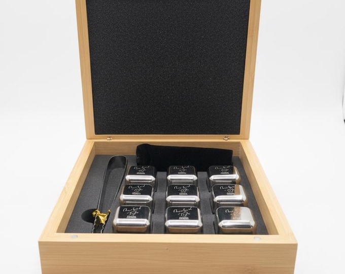 Personalized Whiskey Stones Gift Set: Engraved Bamboo Box, Stainless Steel Chilling Cubes