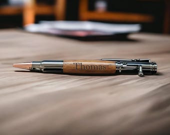 Stocking Stuffer Bolt-Action Bullet Pen, Wood Barrel, Custom Pen