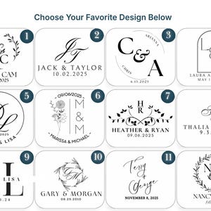 May include: A collection of twelve wedding or event design options, each in a white square with black text. Designs include initials, names, and dates, such as "Lexi & Cam 10.3.2025" and "Jack & Taylor 10.02.2025".