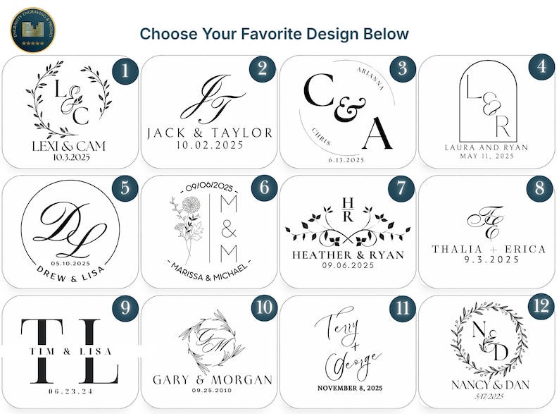 May include: A collection of twelve wedding or event design options, each in a white square with black text. Designs include initials, names, and dates, such as "Lexi & Cam 10.3.2025" and "Jack & Taylor 10.02.2025".