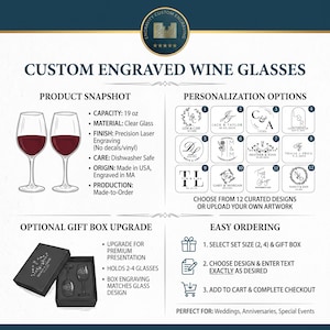 May include: Custom engraved wine glasses with a 19 oz capacity, made of clear glass. The image shows two glasses filled with red liquid, with options for personalization. Includes an optional gift box upgrade and easy ordering instructions.