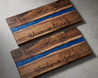 Personalized Resin River Charcuterie Board - Heart and Names Engraved