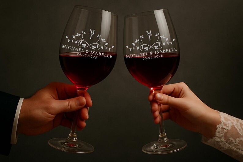 May include: Two clear wine glasses filled with red wine are held up in a toast. Each glass is engraved with a floral design, initials, and the names "Michael & Isabelle" along with the date "06.05.2025".