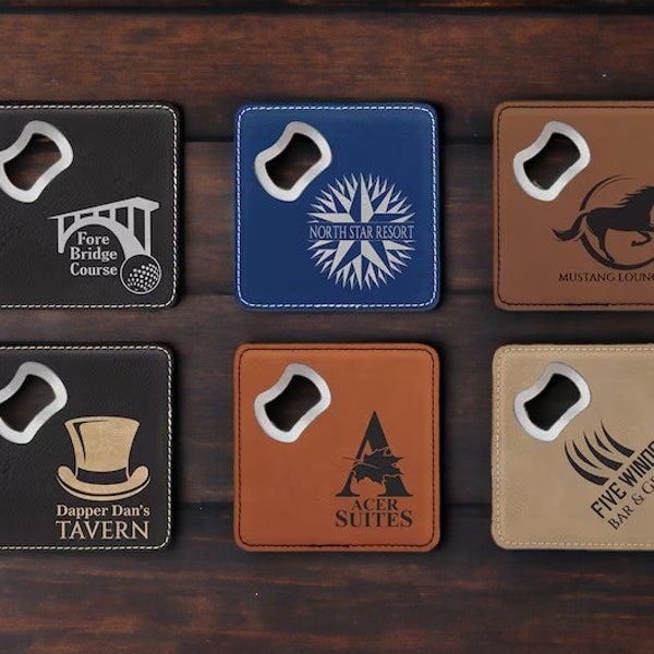 Engraved Leather Coaster Bottle Opener, Team Sports Gift Idea, Company Logo, Promotional Product, Stocking Stuffer, Company Swag