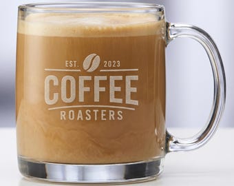 Custom Glass Beverage Mugs 13oz - Laser Engraved Logo - Coffee Mugs