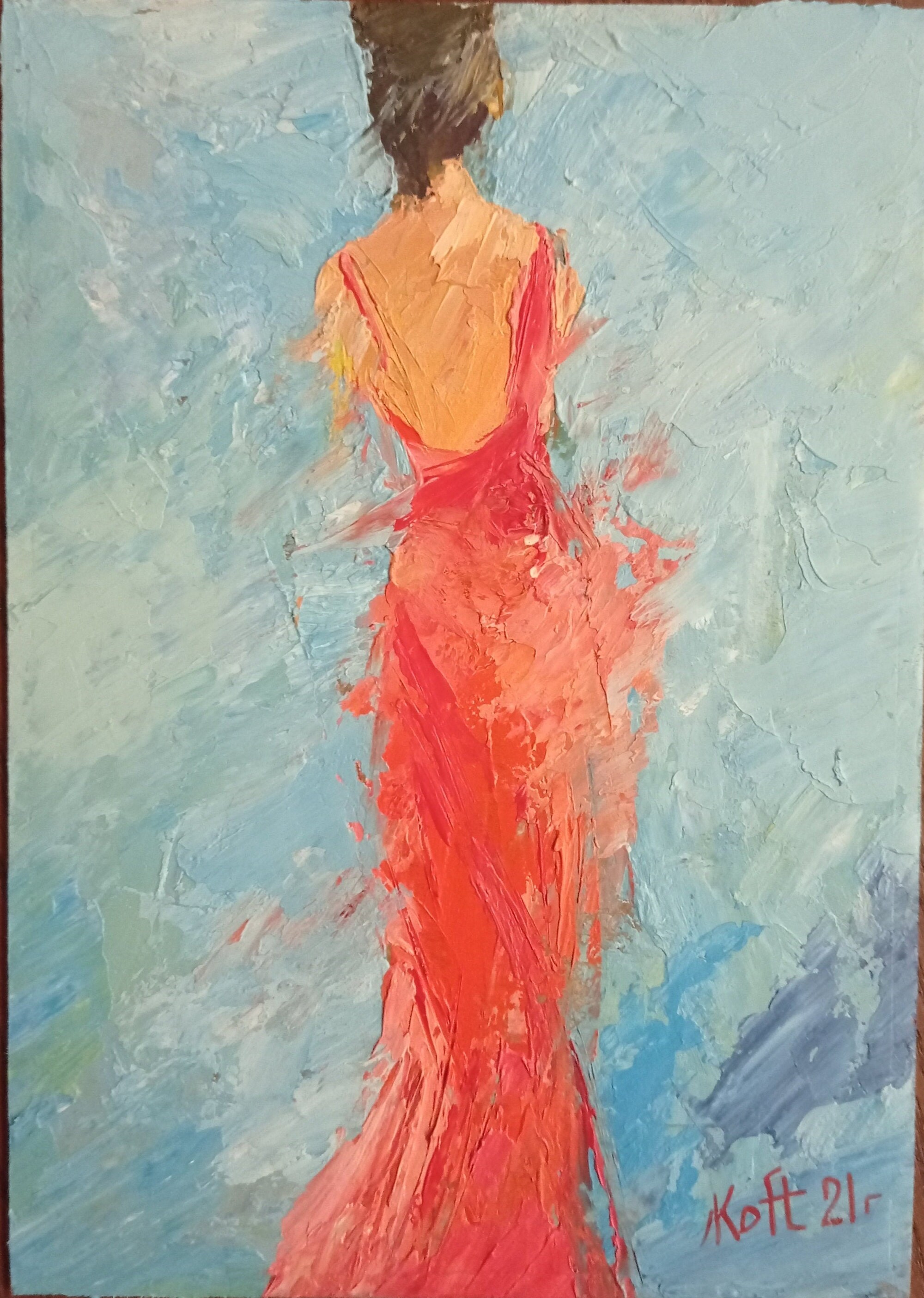 Lady in a red dress. Oil painting. Miniature impressionism. Etsy