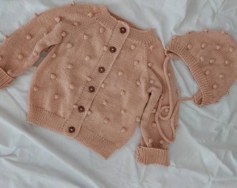 Knit Cardigan, Knit Bonnet, Baby Knit, Baby Girl Cardigan, Knit Baby Set, Handmade Soft Baby Cardigan and Bonnet Set, Gift for Baby Girl