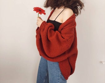 Cárdigan de punto grueso hecho a mano: Chaqueta extragrande con mangas globo