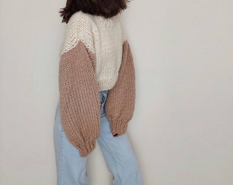 Multicolor Chunky Oversize Handknit Crop Sweater, Cozy Handmade Knitwear for Women