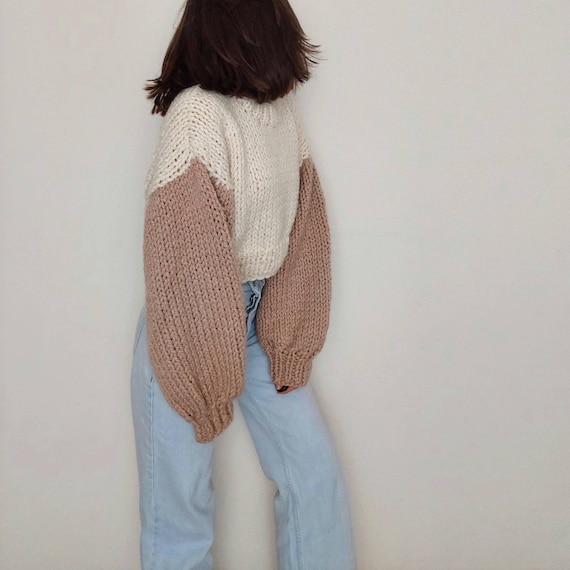 Multicolor Chunky Oversize Handknit Crop Sweater, Cozy Handmade