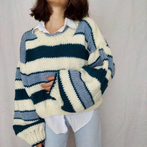 Striped Knit Sweater Women, Multicolor Chunky Sweater, Oversize Handmade Knitwear for Women, Gift for Her image 6