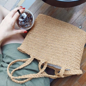 Natural Tote Raffia Bag, Crochet Summer Bag, Handmade Crochet Bag