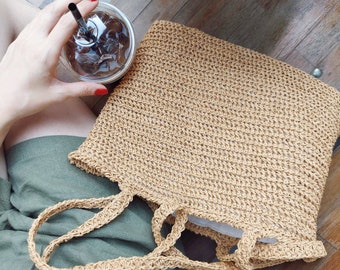Natural Tote Raffia Bag, Crochet Summer Bag, Handmade Crochet Bag
