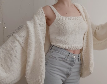 Knit Cardigan, Large Balloon Sleeve Oversized White Knit Cardigan and Crop Top, Handmade Chunky Gift For Her Women's Cardigans