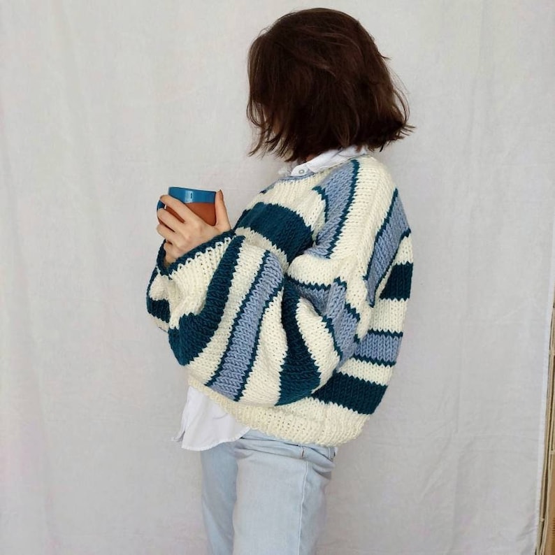 Striped Knit Sweater Women, Multicolor Chunky Sweater, Oversize Handmade Knitwear for Women, Gift for Her image 2
