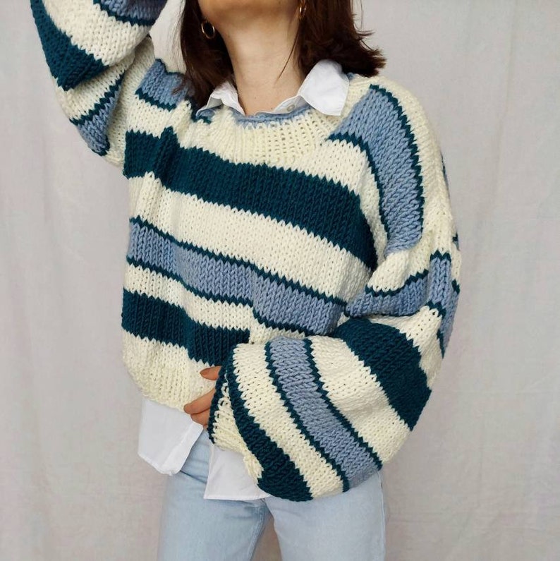 Striped Knit Sweater Women, Multicolor Chunky Sweater, Oversize Handmade Knitwear for Women, Gift for Her image 1