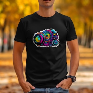 Peut inclure: Un t-shirt noir à manches courtes avec un imprimé graphique multicolore et vibrant sur la poitrine. Le motif se compose d'un ensemble d'engrenages mécaniques imbriqués dans des tons de bleu, violet, jaune et rose avec un contour blanc.