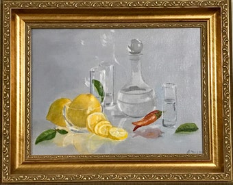 Naturmort Glass with Lemon and Pepper Original painting in Oil Still Life 10x14" Framed Wall Artwork Decor by Antonina Dunaeva-Come4Art