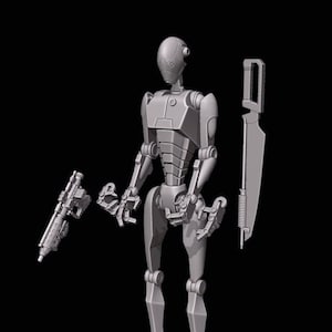 May include: A gray, articulated robot figure with a gun and a sword. The robot has a humanoid shape with a head, arms, legs, and a torso. The robot is standing on a black background.