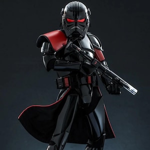 May include: A black and red action figure of a Star Wars Stormtrooper with a red cape and a blaster rifle.