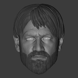 May include: A grayscale 3D model of a man's face with a beard and short hair. The model is detailed and realistic, showing the man's facial features.