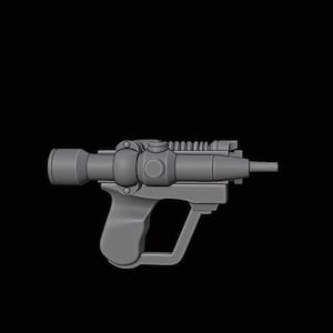 May include: A grey, futuristic pistol with a large scope and a grip. The design includes a cylindrical barrel, a handle, and a top rail. The weapon is set against a black background.