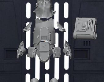 May include: A gray, disassembled Stormtrooper armor set, including a helmet, chest plate, shoulder pads, arm guards, belt pouches, and knee pads. The pieces are arranged against a dark gray background with vertical white stripes.
