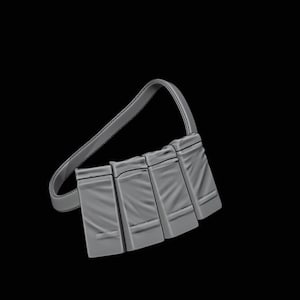 May include: A grey leather belt with four pouches attached. The pouches are made of a soft, pliable material and have a slightly textured surface.