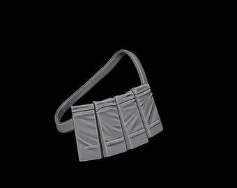 May include: A gray leather belt with four pouches attached. The pouches are made of a soft, pliable material and have a slightly textured surface.