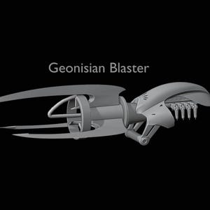 Puede incluir: Un arma de blaster de aspecto futurista de color gris con un cañón giratorio y múltiples puertos de disparo. El arma está etiquetada como "Geonisian Blaster".