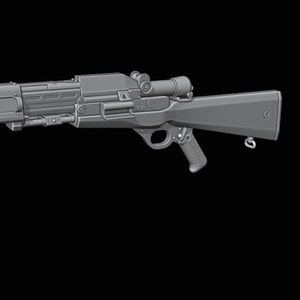 Puede incluir: Un rifle gris, detallado, de estilo futurista con una mira telescópica y una correa. El rifle tiene un cañón largo y una empuñadura de pistola.