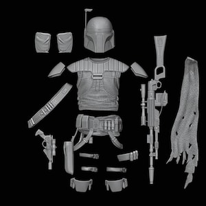 Könnte beinhalten: Ein graues Plastikmodell eines Star Wars Kopfgeldjägers, Boba Fett. Das Set enthält einen Helm, eine Rüstung, Waffen und einen Umhang.
