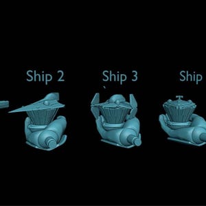 Puede incluir: Se muestran cinco modelos de naves futuristas, cada uno con un dise&ntilde;o &uacute;nico, sobre un fondo negro. Las naves est&aacute;n etiquetadas como "Ship 1" a "Ship 5". Las naves son de color azul claro y parecen modelos 3D.