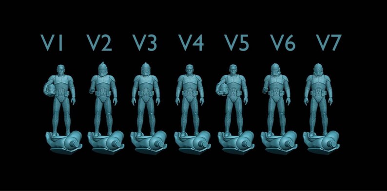 Puede incluir: Siete figuras en tonos azules de soldados con varios dise&ntilde;os de armadura, cada una de pie sobre una base estilizada. Las figuras est&aacute;n etiquetadas V1 a V7, con el texto en color azul claro. El fondo es negro.