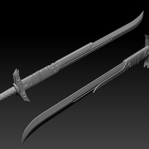 May include: A detailed 3D model of a sword with a curved blade and a textured handle. The sword is shown in two different positions, one with the blade pointing up and the other with the blade pointing down.
