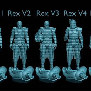 Puede incluir: Representaci&oacute;n digital de cinco figuras azules, Rex V1 a V5, sobre bases en forma de mano, sobre un fondo negro. El texto "Rex V1 Rex V2 Rex V3 Rex V4 Rex V5" est&aacute; en la parte superior.