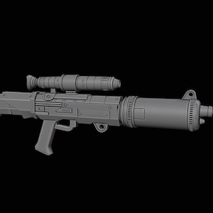 May include: A grey plastic toy blaster with a scope and a long barrel. The blaster has a black handle and a trigger.