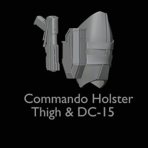 May include: A gray 3D printed model of a thigh holster for a DC-15 blaster rifle. The holster is designed to be worn on the leg and has a strap to secure it in place. The model is labeled "Commando Holster Thigh & DC-15".