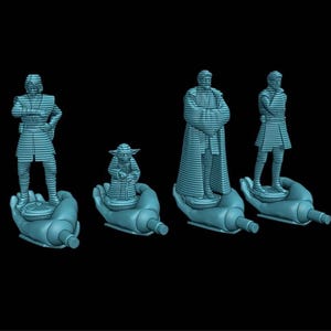 Puede incluir: Cuatro figuras azul claro de personajes de Star Wars, incluido Yoda, de pie sobre manos estilizadas. Las figuras tienen una apariencia impresa en 3D en capas. El fondo es negro liso.