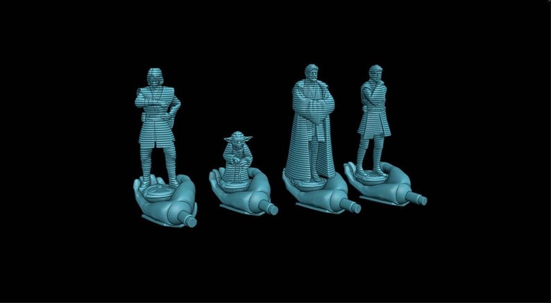 Puede incluir: Cuatro figuras azul claro de personajes de Star Wars, incluido Yoda, de pie sobre manos estilizadas. Las figuras tienen una apariencia impresa en 3D en capas. El fondo es negro liso.
