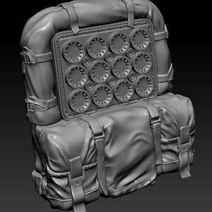 May include: A grey, textured, military-style backpack with a large compartment on the back. The compartment has a grid of circular openings.